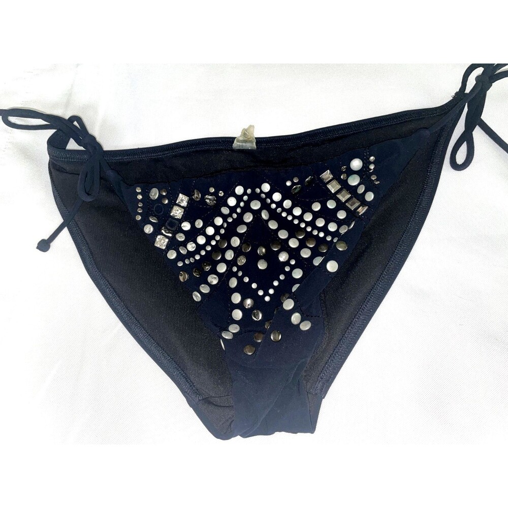 Victoria Secret Swim Bikini Bottom M Black Gold Silver Studs Bling Embellished
